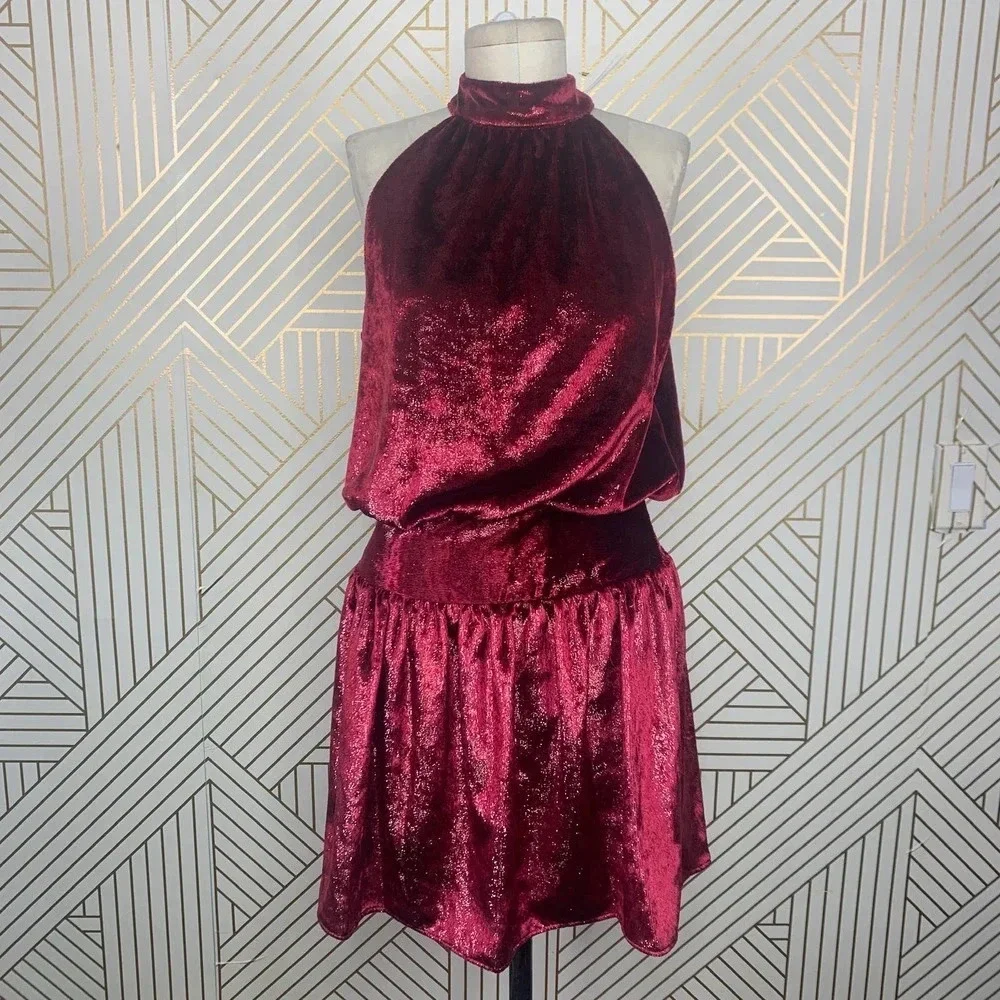 Ramy Brook Ellin Halter Dress in Deep Red Velvet Size US Large‎